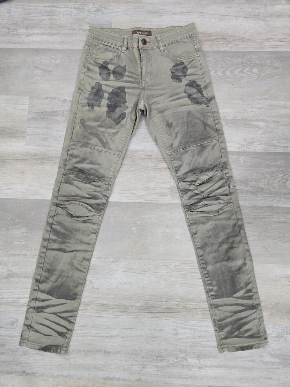 Crysp Denim Mens 30 Moto Biker Skinny Jeans Gray Paint Splatter Distressed Y2K